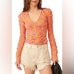 Free People - Through The Meadow Grapefruit Floral Hook And Eye Closure Blouse M